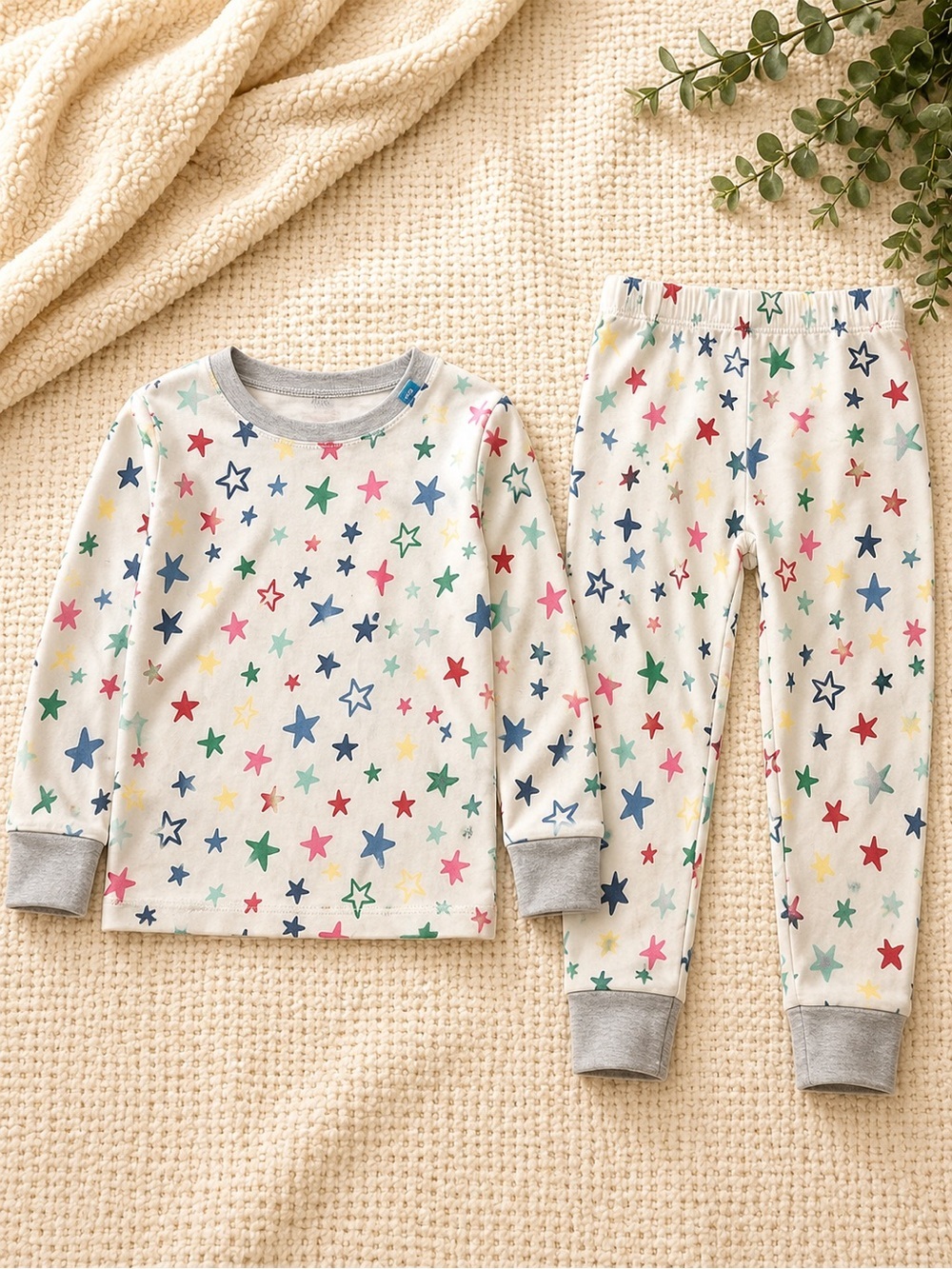 Unbranded Kids Cream Star-Print Pajama Set with Gray Trim